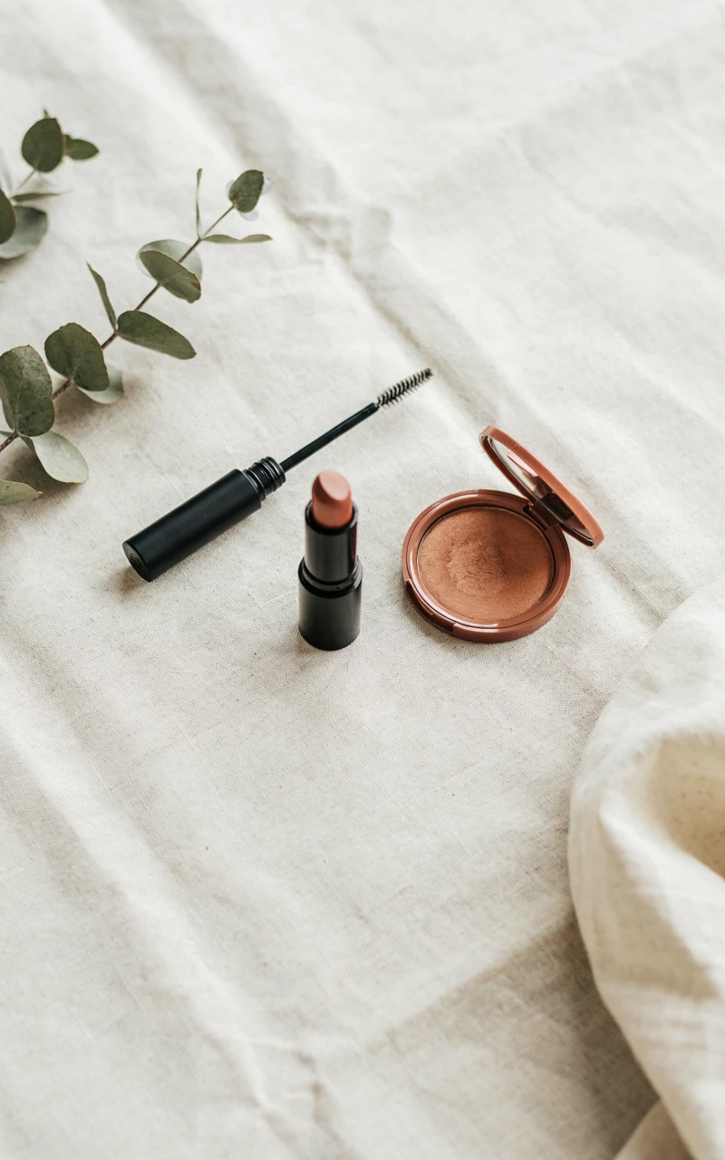 A clear brow gel, terracotta-brown lipstick, and blush resting on a cream textured background.