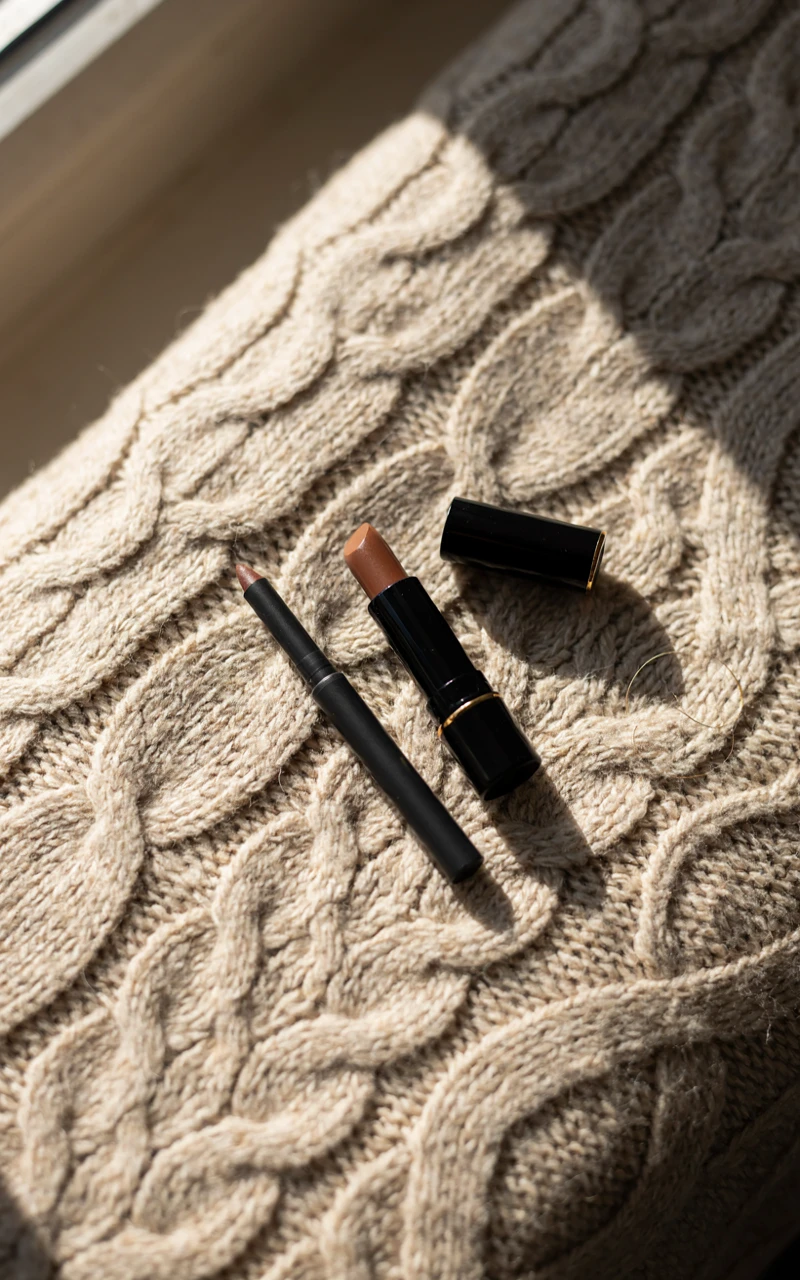 A cool-toned brown lip liner and satin brown lipstick resting on a beige knit sweater.