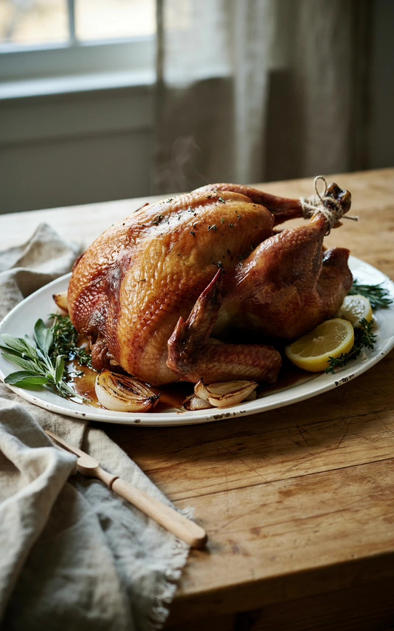 15 Irresistible Thanksgiving Recipes to Start Planning Before November 2 Golden herb butter roast turkey on a white platter with fresh sage, rosemary and lemon halves