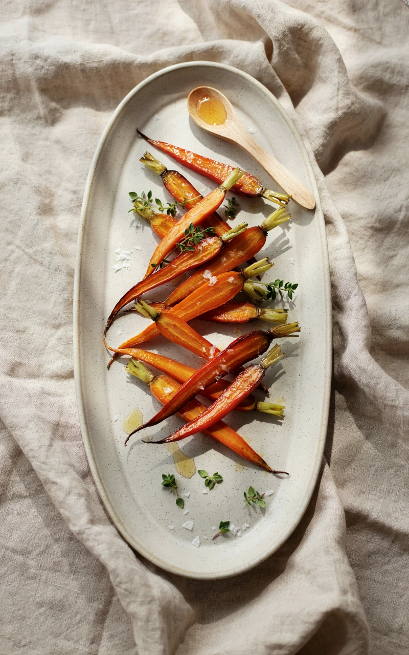 15 Irresistible Thanksgiving Recipes to Start Planning Before November 11 Shiny honey glazed carrots on a cream platter with fresh thyme and flaky salt