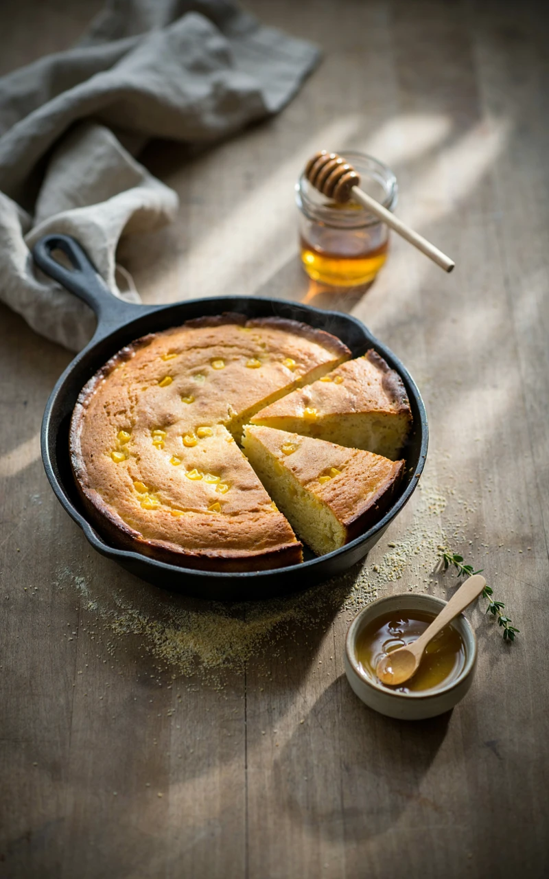 15 Irresistible Thanksgiving Recipes to Start Planning Before November 12 Golden skillet cornbread cut into wedges in a cast iron pan with a dish of honey butter