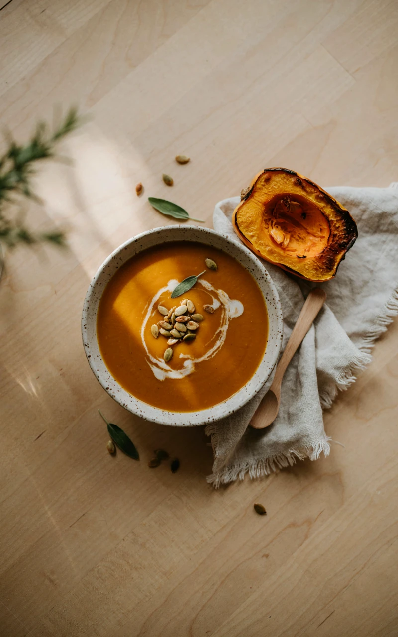 15 Irresistible Thanksgiving Recipes to Start Planning Before November 14 Butternut squash soup with a cream swirl and pumpkin seeds in a stoneware bowl beside roasted squash