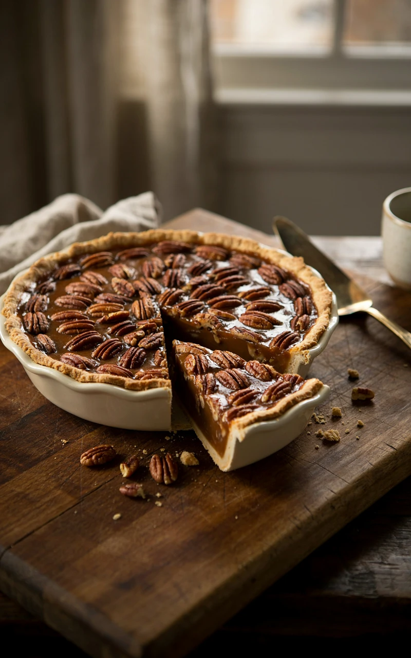 15 Irresistible Thanksgiving Recipes to Start Planning Before November 16 Easy pecan pie with glossy filling and rings of pecan halves, one slice cut to show the center