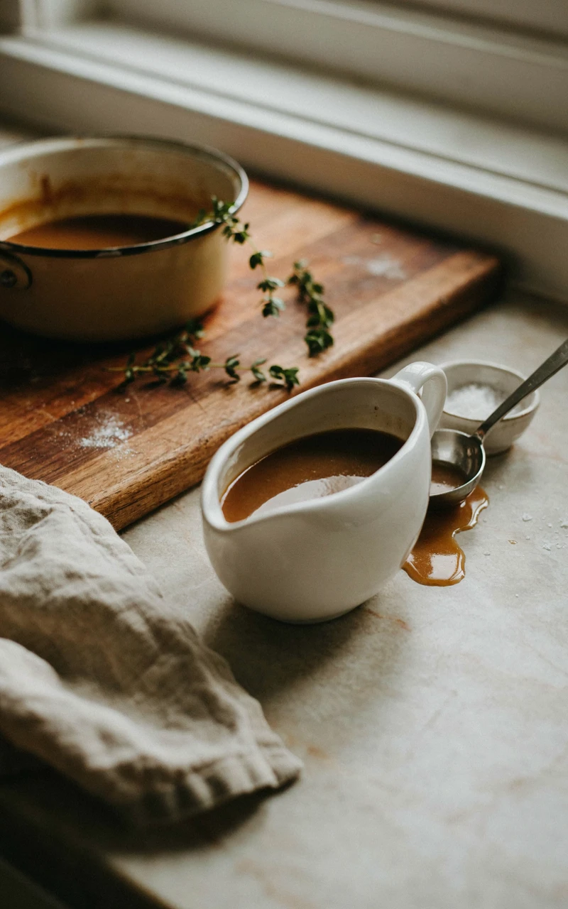 15 Irresistible Thanksgiving Recipes to Start Planning Before November 3 Smooth brown turkey gravy in a white gravy boat next to a saucepan and fresh thyme