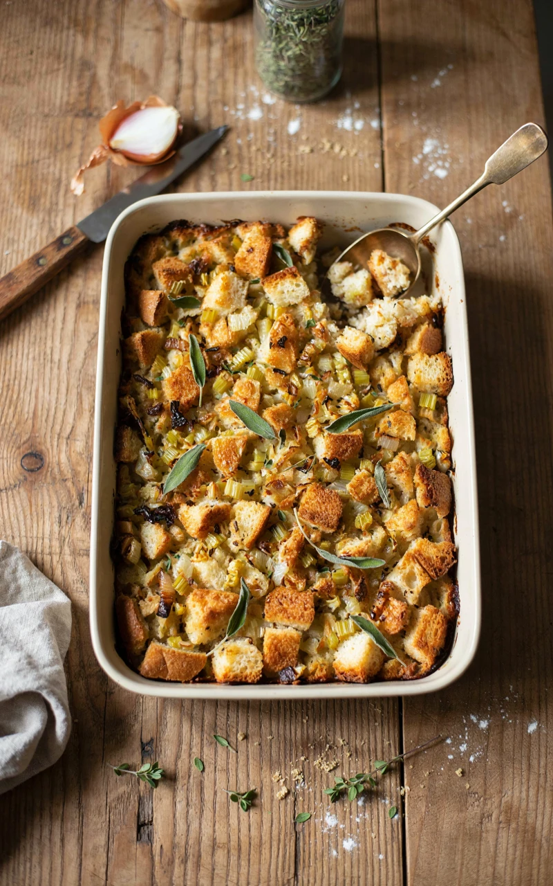 15 Irresistible Thanksgiving Recipes to Start Planning Before November 4 Baked sage and onion stuffing with golden bread cubes in a ceramic dish with a serving spoon