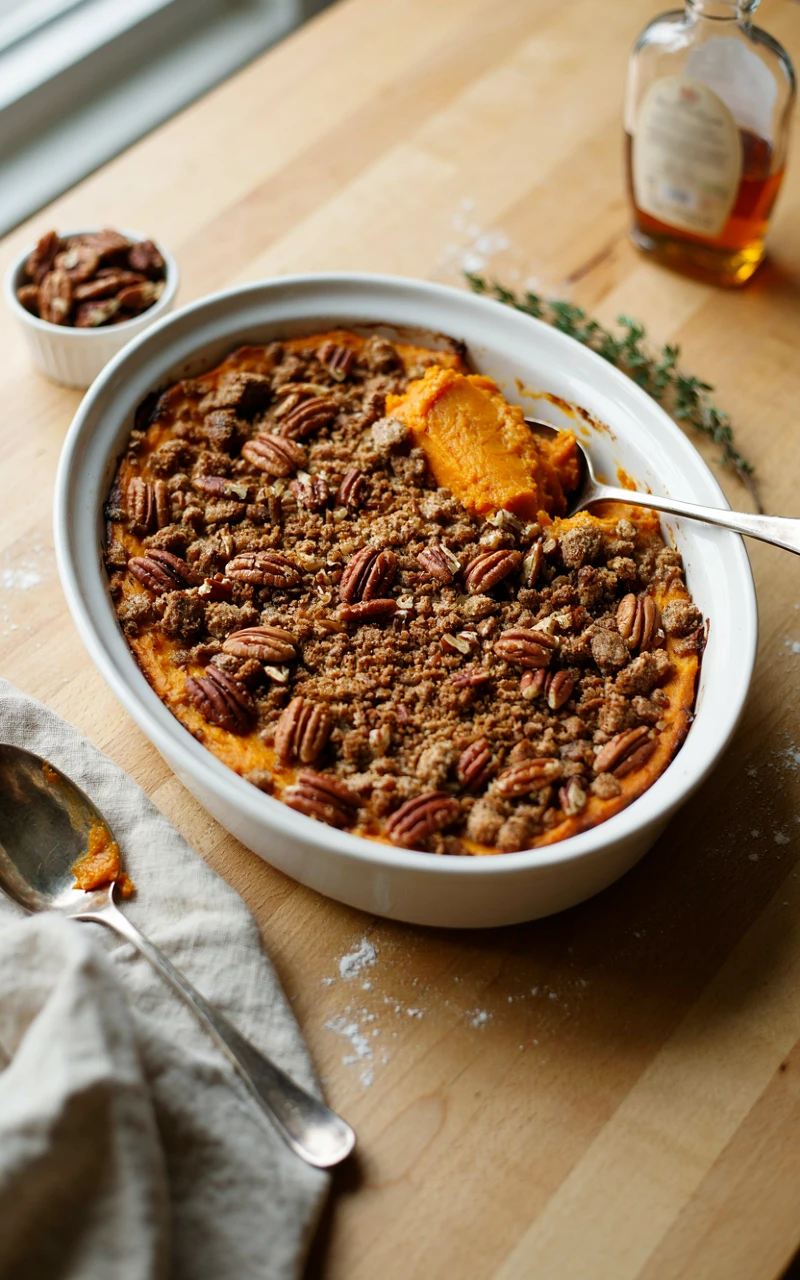 15 Irresistible Thanksgiving Recipes to Start Planning Before November 6 Sweet potato casserole with a brown sugar pecan topping in a white dish, one scoop removed