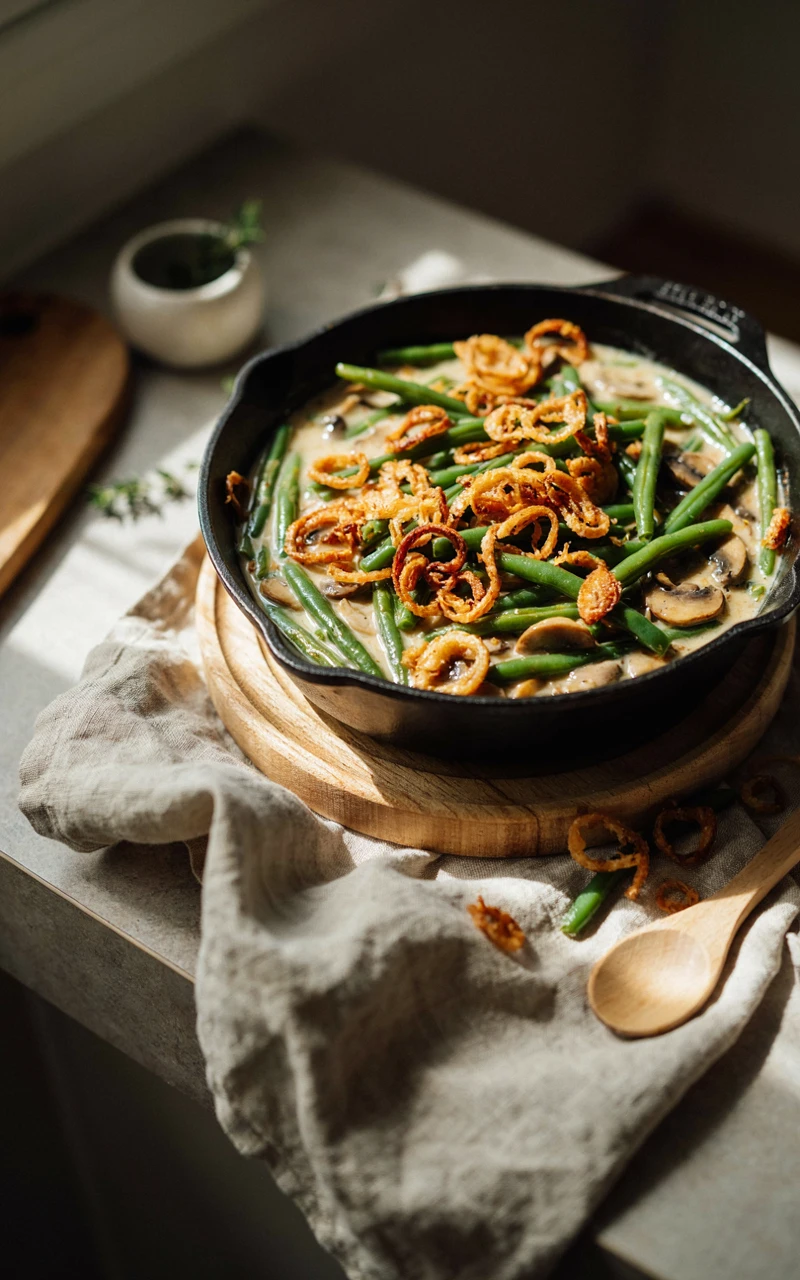 15 Irresistible Thanksgiving Recipes to Start Planning Before November 7 Homemade green bean casserole with mushroom sauce and crispy fried onions in a cast iron skillet