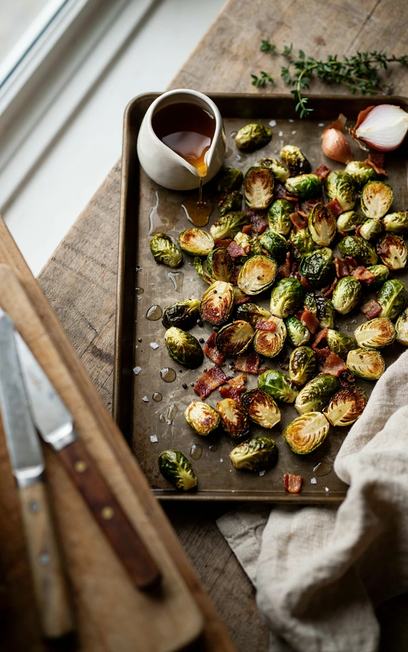15 Irresistible Thanksgiving Recipes to Start Planning Before November 9 Caramelized maple roasted Brussels sprouts with crispy bacon on a sheet pan beside maple syrup