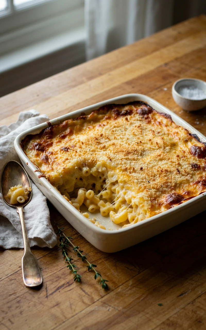 15 Irresistible Thanksgiving Recipes to Start Planning Before November 10 Baked mac and cheese with a golden breadcrumb crust in a ceramic dish, one corner scooped out