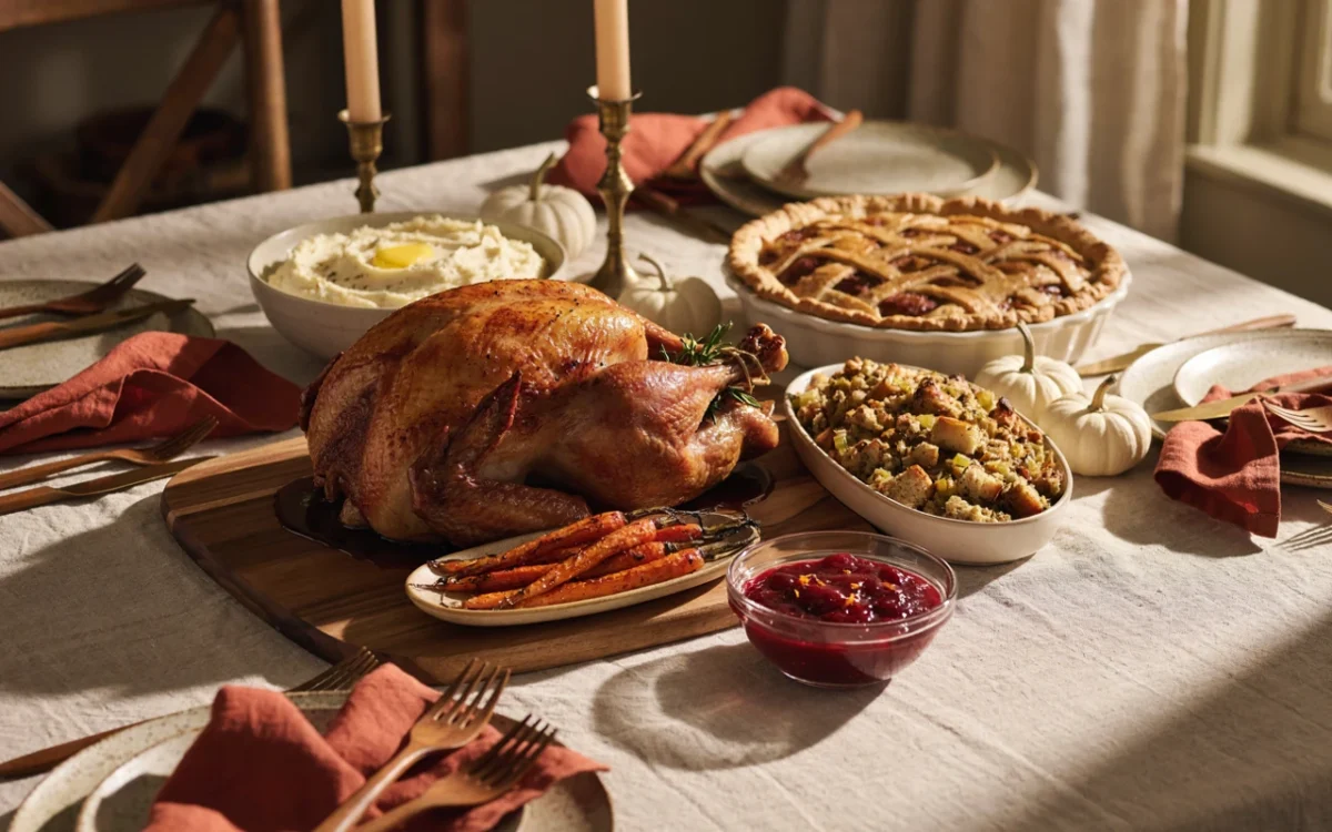 A table of Thanksgiving recipes with roast turkey, mashed potatoes, stuffing, cranberry sauce and pumpkin pie in daylight