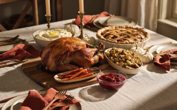 A table of Thanksgiving recipes with roast turkey, mashed potatoes, stuffing, cranberry sauce and pumpkin pie in daylight