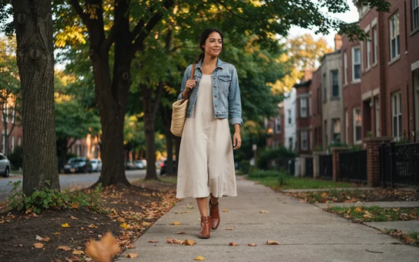 A woman shows how to transition your summer wardrobe into fall in a linen dress, denim jacket and ankle boots on a leafy street